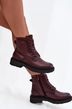 Hot Buty Sergio Leone Ocieplane Botki Damskie Z Naturalnej Skóry Sergio Leone BT25248-S Bordowe Czerwony