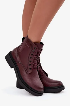 Hot Buty Sergio Leone Ocieplane Botki Damskie Z Naturalnej Skóry Sergio Leone BT25248-S Bordowe Czerwony