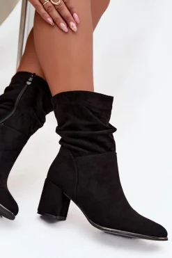 Botki Na Słupku|Botki Zimowe Damskie>Boto Ocieplane Botki Damskie Z Marszczeniem Na Słupkowym Obcasie Czarne Ivressa