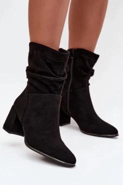 Botki Na Słupku|Botki Zimowe Damskie>Boto Ocieplane Botki Damskie Z Marszczeniem Na Słupkowym Obcasie Czarne Ivressa