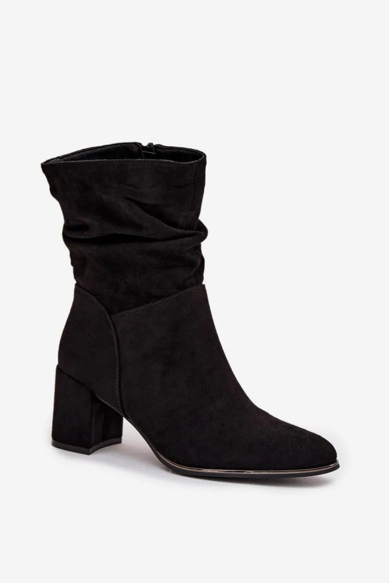 Botki Na Słupku|Botki Zimowe Damskie>Boto Ocieplane Botki Damskie Z Marszczeniem Na Słupkowym Obcasie Czarne Ivressa