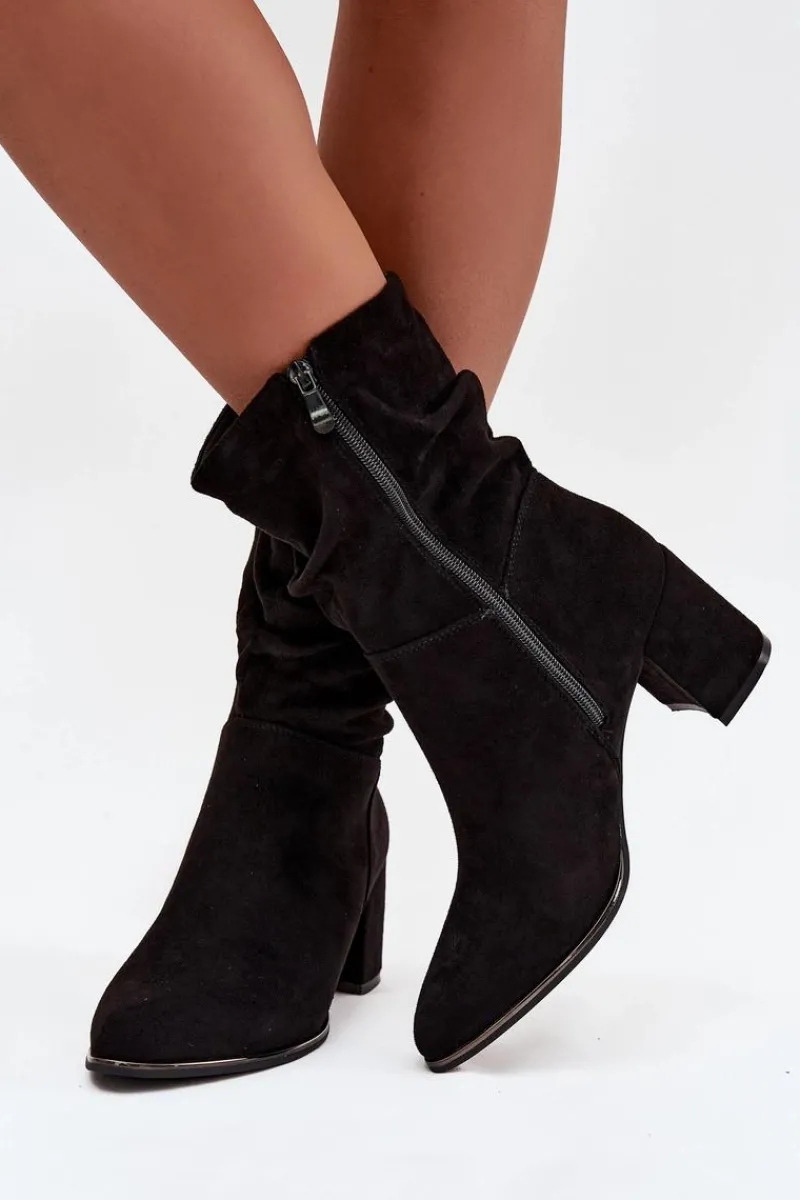 Botki Na Słupku|Botki Zimowe Damskie>Boto Ocieplane Botki Damskie Z Marszczeniem Na Słupkowym Obcasie Czarne Ivressa