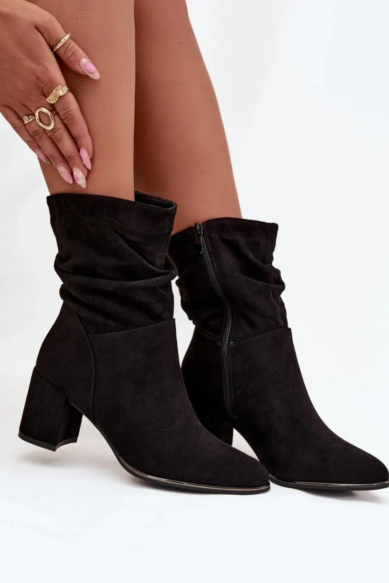 Botki Na Słupku|Botki Zimowe Damskie>Boto Ocieplane Botki Damskie Z Marszczeniem Na Słupkowym Obcasie Czarne Ivressa