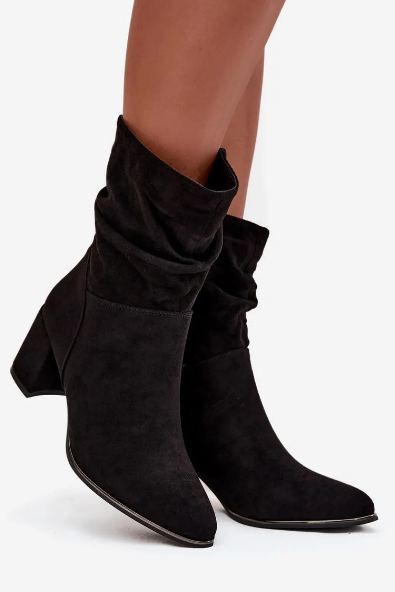 Botki Na Słupku|Botki Zimowe Damskie>Boto Ocieplane Botki Damskie Z Marszczeniem Na Słupkowym Obcasie Czarne Ivressa