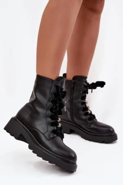 Hot Ocieplane Botki Damskie Z Ozdobnym Sznurowaniem Czarne Elindra Damskie Botki Sznurowane|Czarne Botki