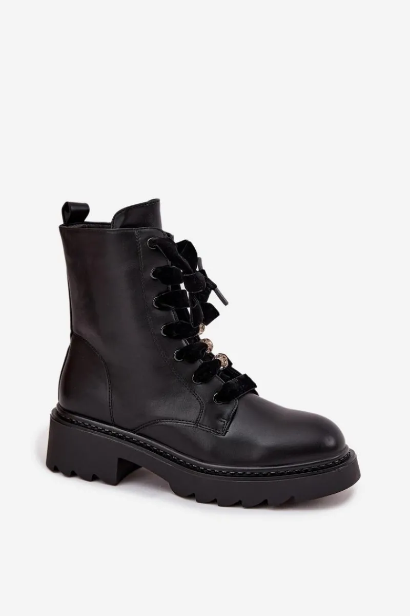 Hot Ocieplane Botki Damskie Z Ozdobnym Sznurowaniem Czarne Elindra Damskie Botki Sznurowane|Czarne Botki