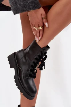 Hot Ocieplane Botki Damskie Z Ozdobnym Sznurowaniem Czarne Elindra Damskie Botki Sznurowane|Czarne Botki