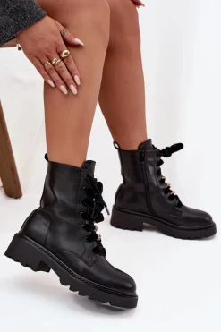 Hot Ocieplane Botki Damskie Z Ozdobnym Sznurowaniem Czarne Elindra Damskie Botki Sznurowane|Czarne Botki