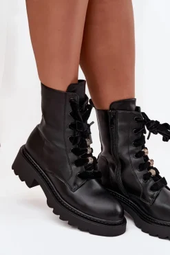 Hot Ocieplane Botki Damskie Z Ozdobnym Sznurowaniem Czarne Elindra Damskie Botki Sznurowane|Czarne Botki
