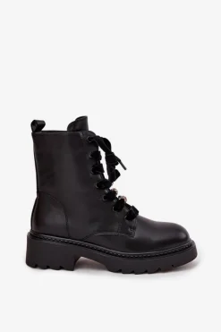 Hot Ocieplane Botki Damskie Z Ozdobnym Sznurowaniem Czarne Elindra Damskie Botki Sznurowane|Czarne Botki