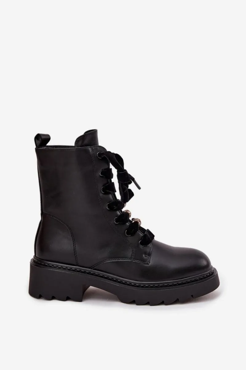 Hot Ocieplane Botki Damskie Z Ozdobnym Sznurowaniem Czarne Elindra Damskie Botki Sznurowane|Czarne Botki