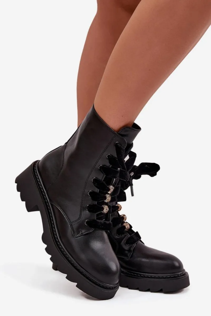 Hot Ocieplane Botki Damskie Z Ozdobnym Sznurowaniem Czarne Elindra Damskie Botki Sznurowane|Czarne Botki