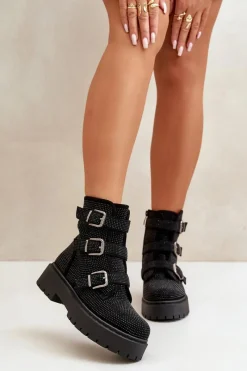 New Boto Ocieplane Botki Damskie Ze Zdobieniem Czarne Ciascia Czarny