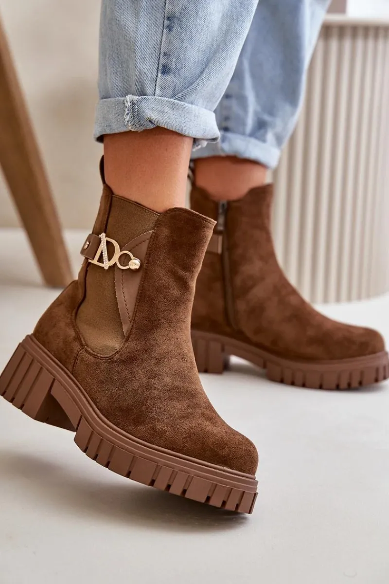 Botki Zimowe Damskie|Brązowe I Beżowe Botki>Boto Ocieplane Botki Damskie Ze Złotym Detalem Eko Zamszowe Brązowe Bervena