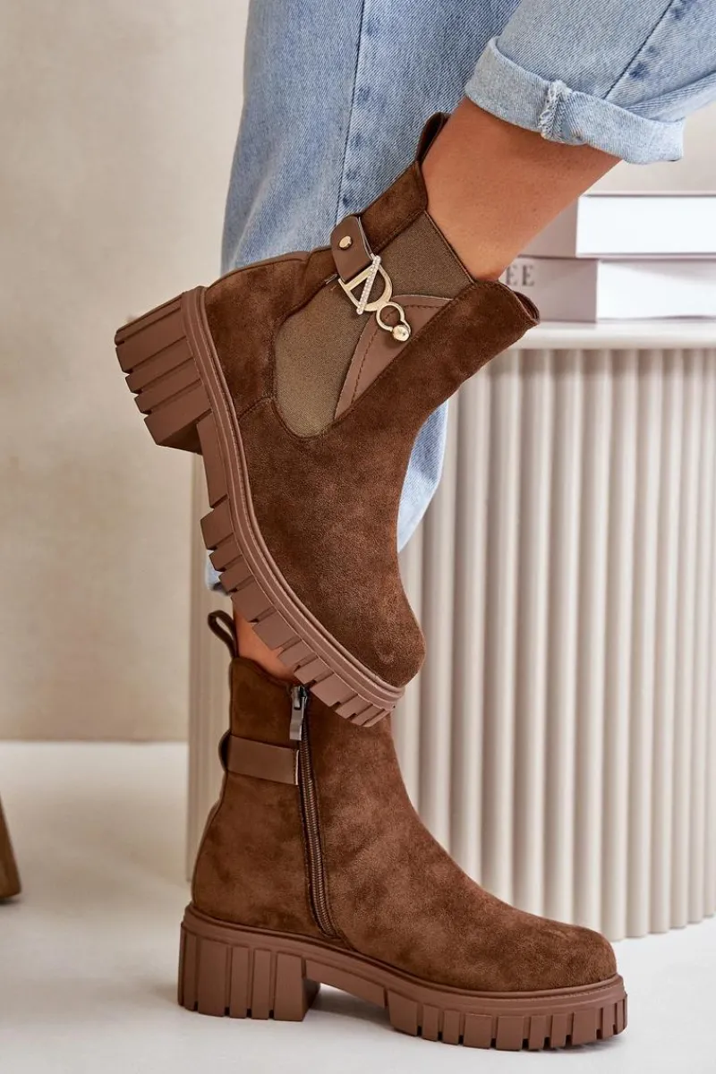 Botki Zimowe Damskie|Brązowe I Beżowe Botki>Boto Ocieplane Botki Damskie Ze Złotym Detalem Eko Zamszowe Brązowe Bervena