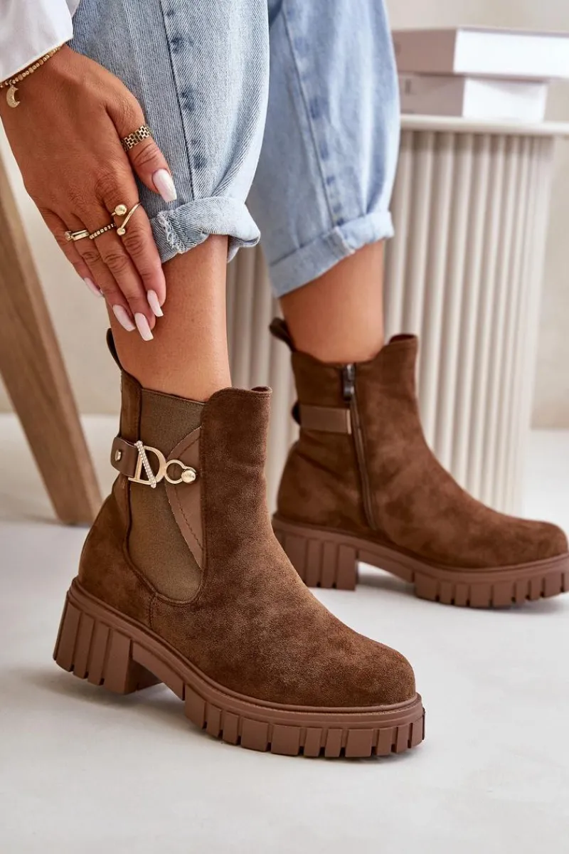 Botki Zimowe Damskie|Brązowe I Beżowe Botki>Boto Ocieplane Botki Damskie Ze Złotym Detalem Eko Zamszowe Brązowe Bervena