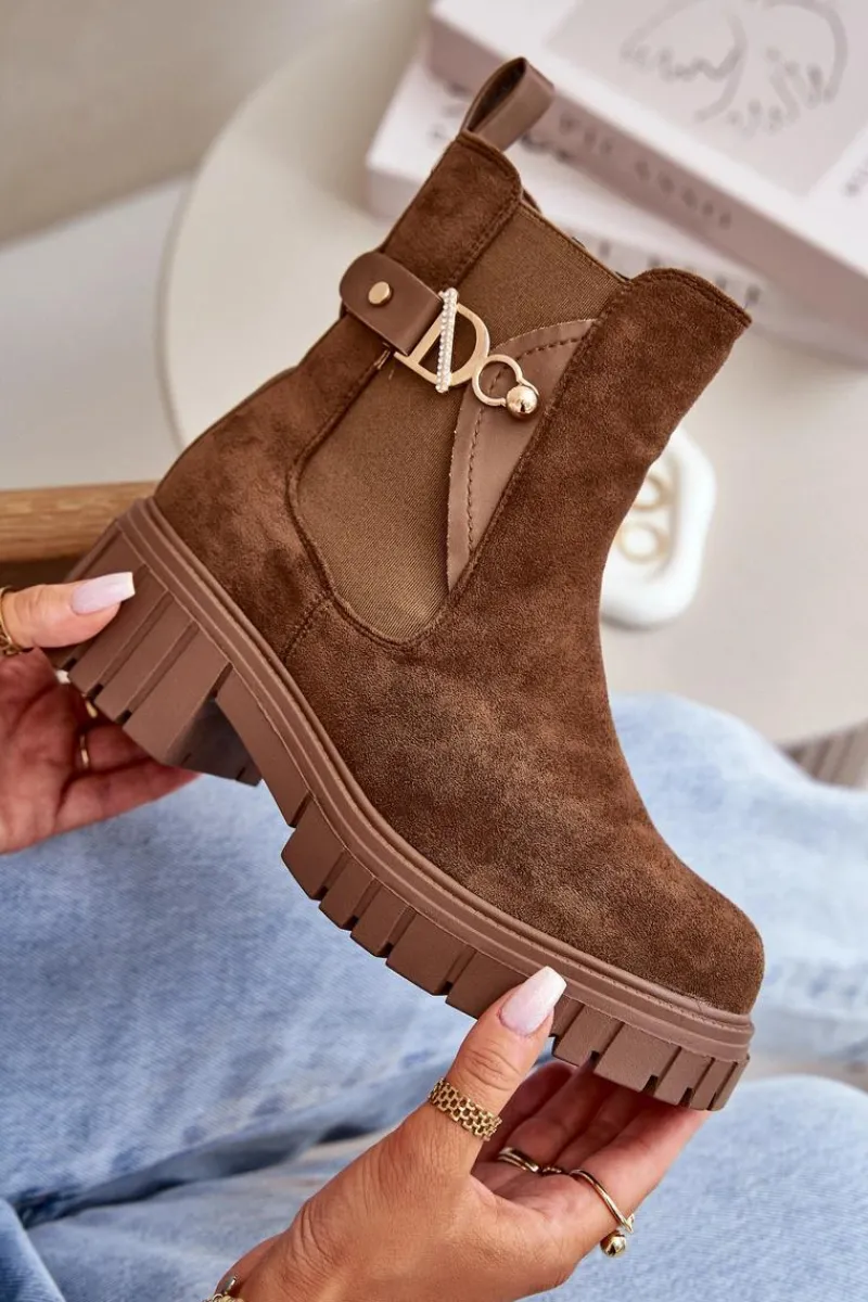 Botki Zimowe Damskie|Brązowe I Beżowe Botki>Boto Ocieplane Botki Damskie Ze Złotym Detalem Eko Zamszowe Brązowe Bervena