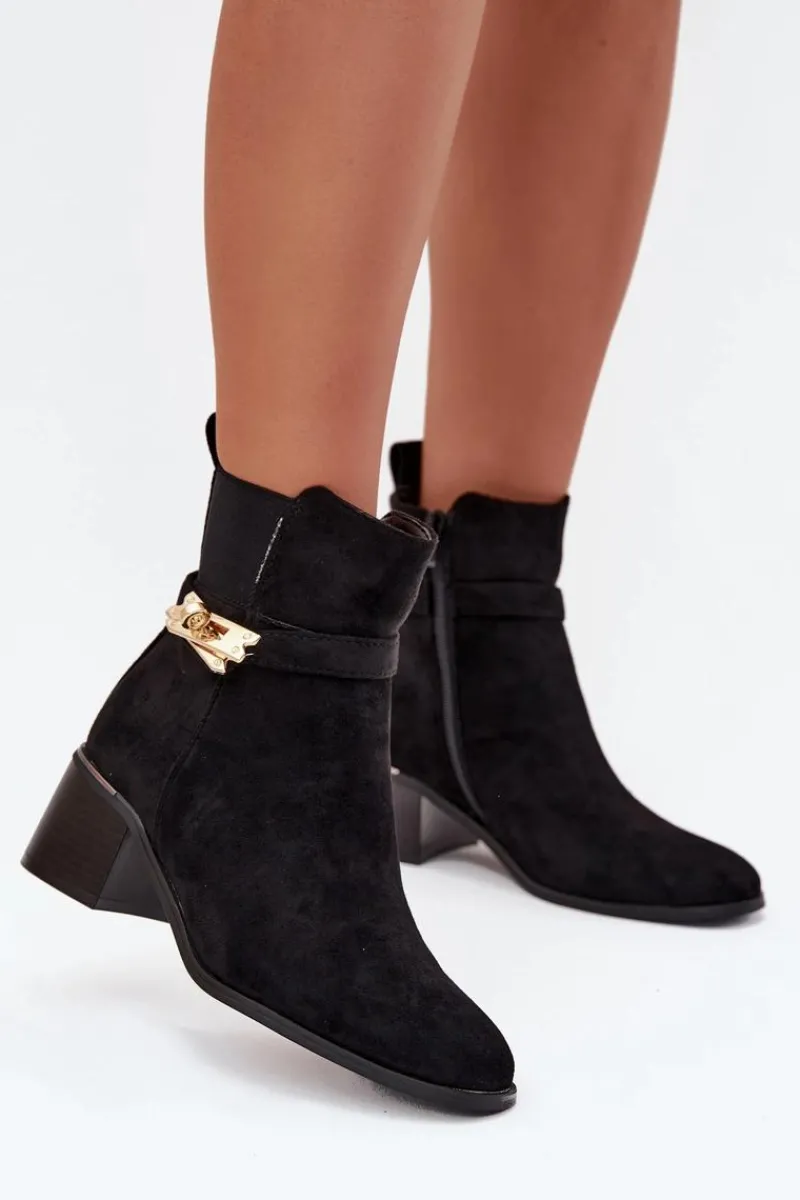 Discount Ocieplane Botki Damskie Ze Złotą Ozdobą Na Klocku Czarne Sarona Damskie Botki Ocieplane|Botki Na Słupku