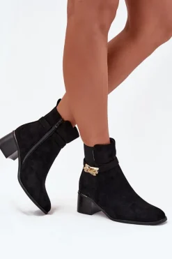 Discount Ocieplane Botki Damskie Ze Złotą Ozdobą Na Klocku Czarne Sarona Damskie Botki Ocieplane|Botki Na Słupku