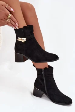 Discount Ocieplane Botki Damskie Ze Złotą Ozdobą Na Klocku Czarne Sarona Damskie Botki Ocieplane|Botki Na Słupku