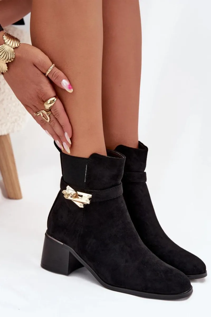 Discount Ocieplane Botki Damskie Ze Złotą Ozdobą Na Klocku Czarne Sarona Damskie Botki Ocieplane|Botki Na Słupku