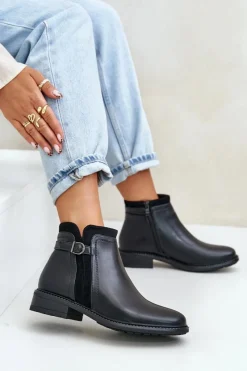 Ocieplane Botki Damskie Z Niską Cholewką Na Zamek Eko Skórzane Czarne Taitha Damskie Botki Zimowe Damskie|Botki Płaskie