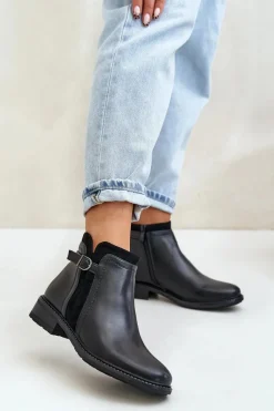 Ocieplane Botki Damskie Z Niską Cholewką Na Zamek Eko Skórzane Czarne Taitha Damskie Botki Zimowe Damskie|Botki Płaskie