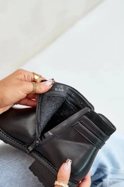 Ocieplane Botki Damskie Z Niską Cholewką Na Zamek Eko Skórzane Czarne Taitha Damskie Botki Zimowe Damskie|Botki Płaskie