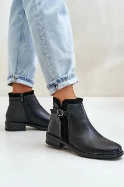 Ocieplane Botki Damskie Z Niską Cholewką Na Zamek Eko Skórzane Czarne Taitha Damskie Botki Zimowe Damskie|Botki Płaskie