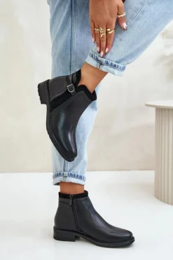 Ocieplane Botki Damskie Z Niską Cholewką Na Zamek Eko Skórzane Czarne Taitha Damskie Botki Zimowe Damskie|Botki Płaskie