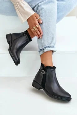 Ocieplane Botki Damskie Z Niską Cholewką Na Zamek Eko Skórzane Czarne Taitha Damskie Botki Zimowe Damskie|Botki Płaskie
