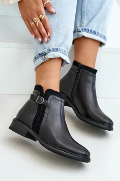 Ocieplane Botki Damskie Z Niską Cholewką Na Zamek Eko Skórzane Czarne Taitha Damskie Botki Zimowe Damskie|Botki Płaskie