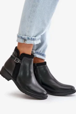 Ocieplane Botki Damskie Z Niską Cholewką Na Zamek Eko Skórzane Czarne Taitha Damskie Botki Zimowe Damskie|Botki Płaskie