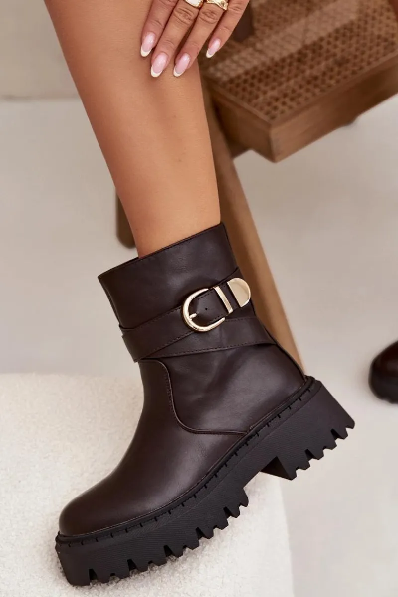 Hot Boto Ocieplane Botki Damskie Ze Złotą Klamrą Czekoladowe Elanore