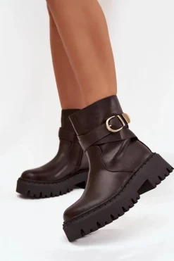 Hot Boto Ocieplane Botki Damskie Ze Złotą Klamrą Czekoladowe Elanore