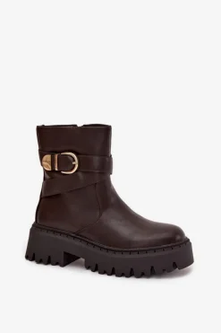 Hot Boto Ocieplane Botki Damskie Ze Złotą Klamrą Czekoladowe Elanore