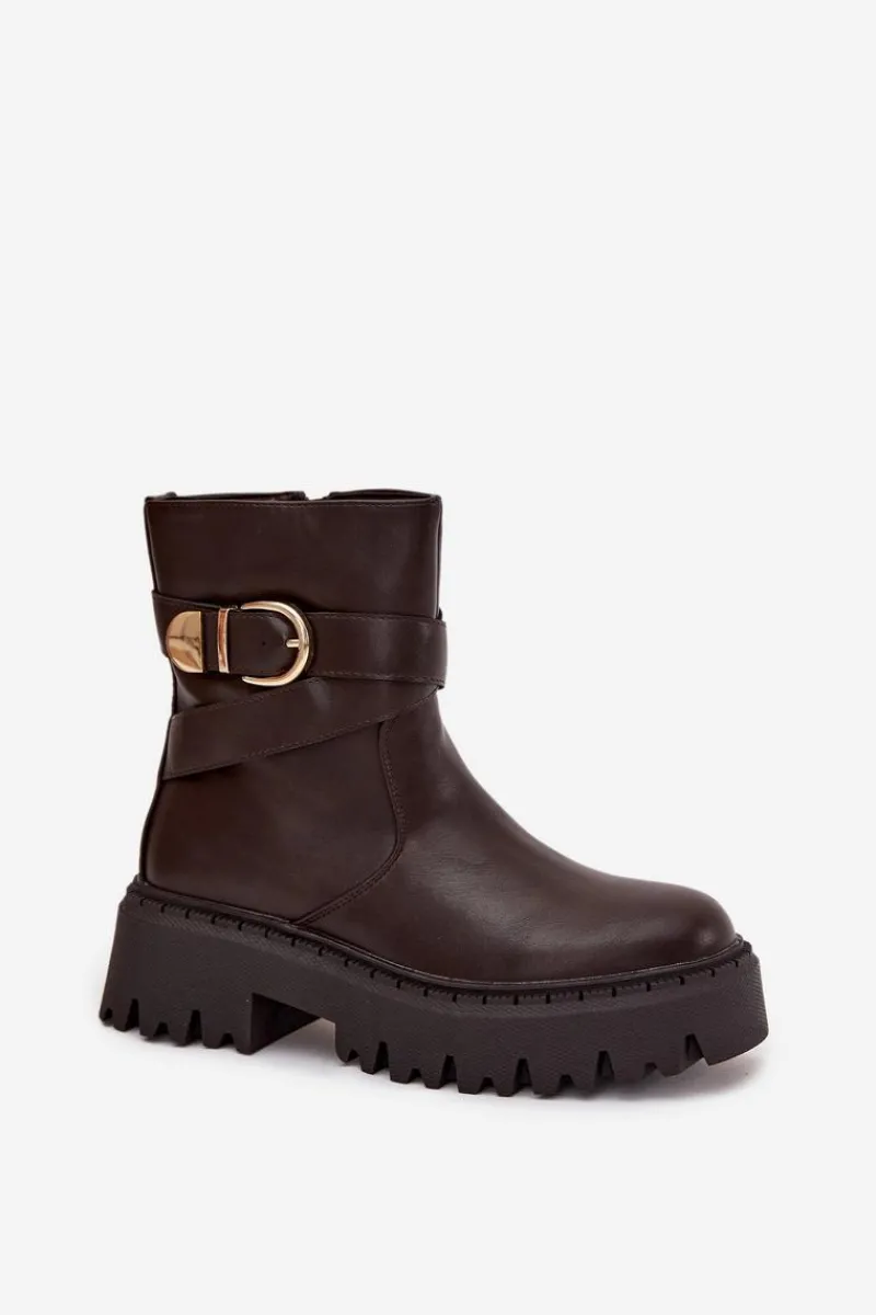 Hot Boto Ocieplane Botki Damskie Ze Złotą Klamrą Czekoladowe Elanore