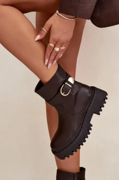 Hot Boto Ocieplane Botki Damskie Ze Złotą Klamrą Czekoladowe Elanore