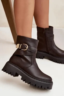 Hot Boto Ocieplane Botki Damskie Ze Złotą Klamrą Czekoladowe Elanore