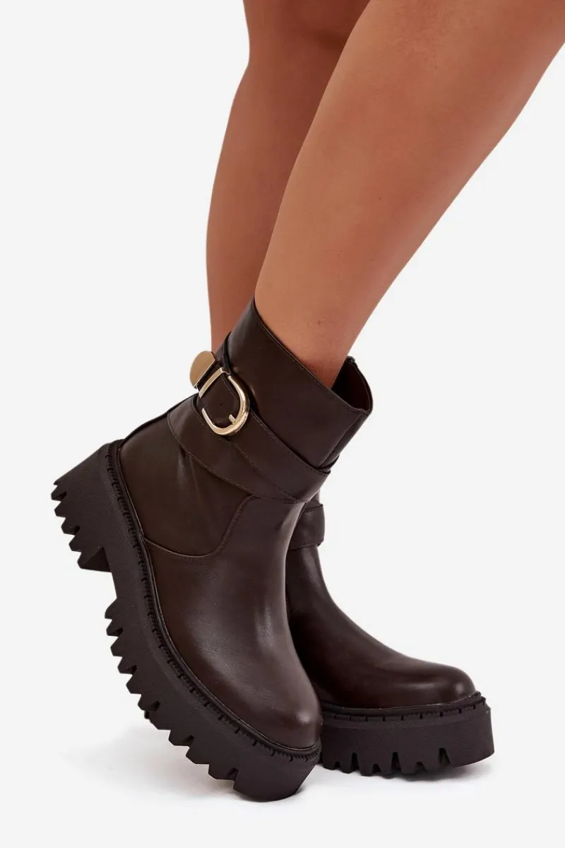 Hot Boto Ocieplane Botki Damskie Ze Złotą Klamrą Czekoladowe Elanore