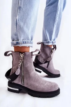 New Boto Ocieplane Botki Damskie Z Suwakiem Szare Calvaro