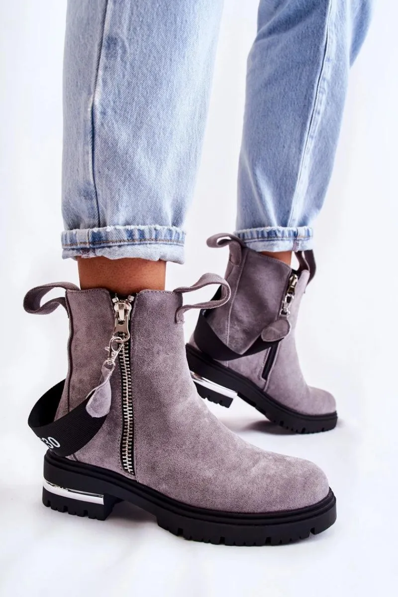 New Boto Ocieplane Botki Damskie Z Suwakiem Szare Calvaro