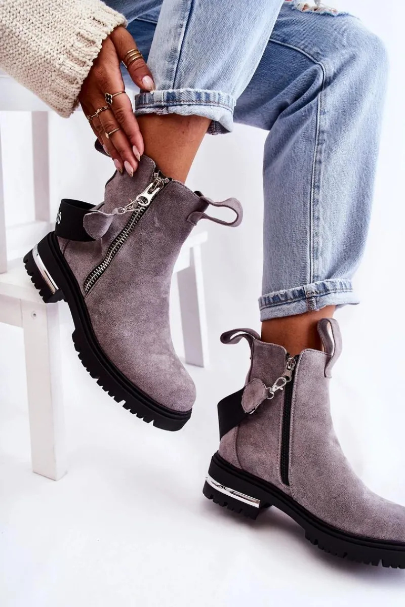 New Boto Ocieplane Botki Damskie Z Suwakiem Szare Calvaro