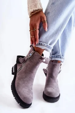 New Boto Ocieplane Botki Damskie Z Suwakiem Szare Calvaro