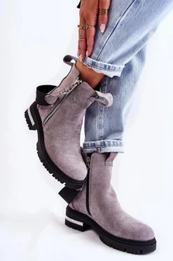 New Boto Ocieplane Botki Damskie Z Suwakiem Szare Calvaro