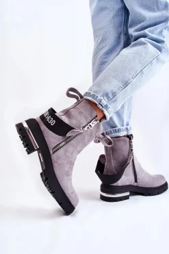 New Boto Ocieplane Botki Damskie Z Suwakiem Szare Calvaro