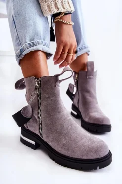 New Boto Ocieplane Botki Damskie Z Suwakiem Szare Calvaro