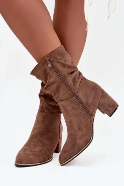 Outlet Ocieplane Botki Damskie Z Marszczeniem Na Słupkowym Obcasie Brązowe Ivressa Damskie Botki Na Słupku|Botki Zimowe Damskie