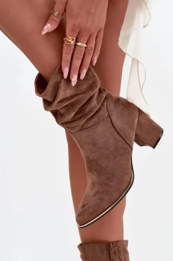 Outlet Ocieplane Botki Damskie Z Marszczeniem Na Słupkowym Obcasie Brązowe Ivressa Damskie Botki Na Słupku|Botki Zimowe Damskie