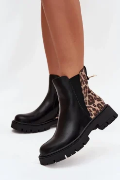 Botki Ocieplane|Botki Płaskie>Boto Ocieplane Botki Damskie Ze Złotym Detalem Panterka Czarne Calista